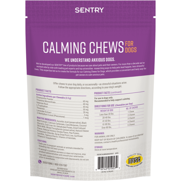 SENTRY Calming Chews for Dogs (back label)